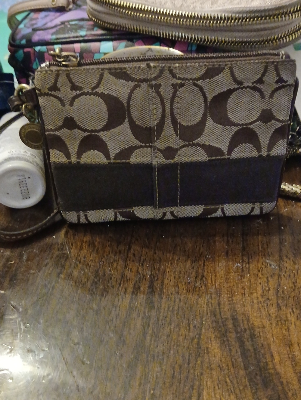 Coach Brown Logo Canvas Wristlet with Dark Brown Accent